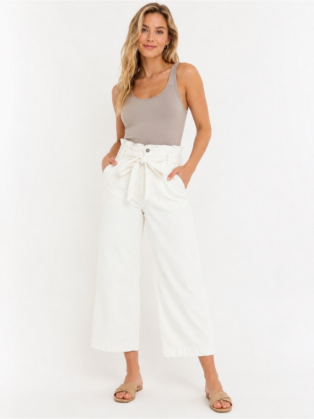 J.Crew White High Rise Wide Leg Cropped Jeans Tie Waist Size 32